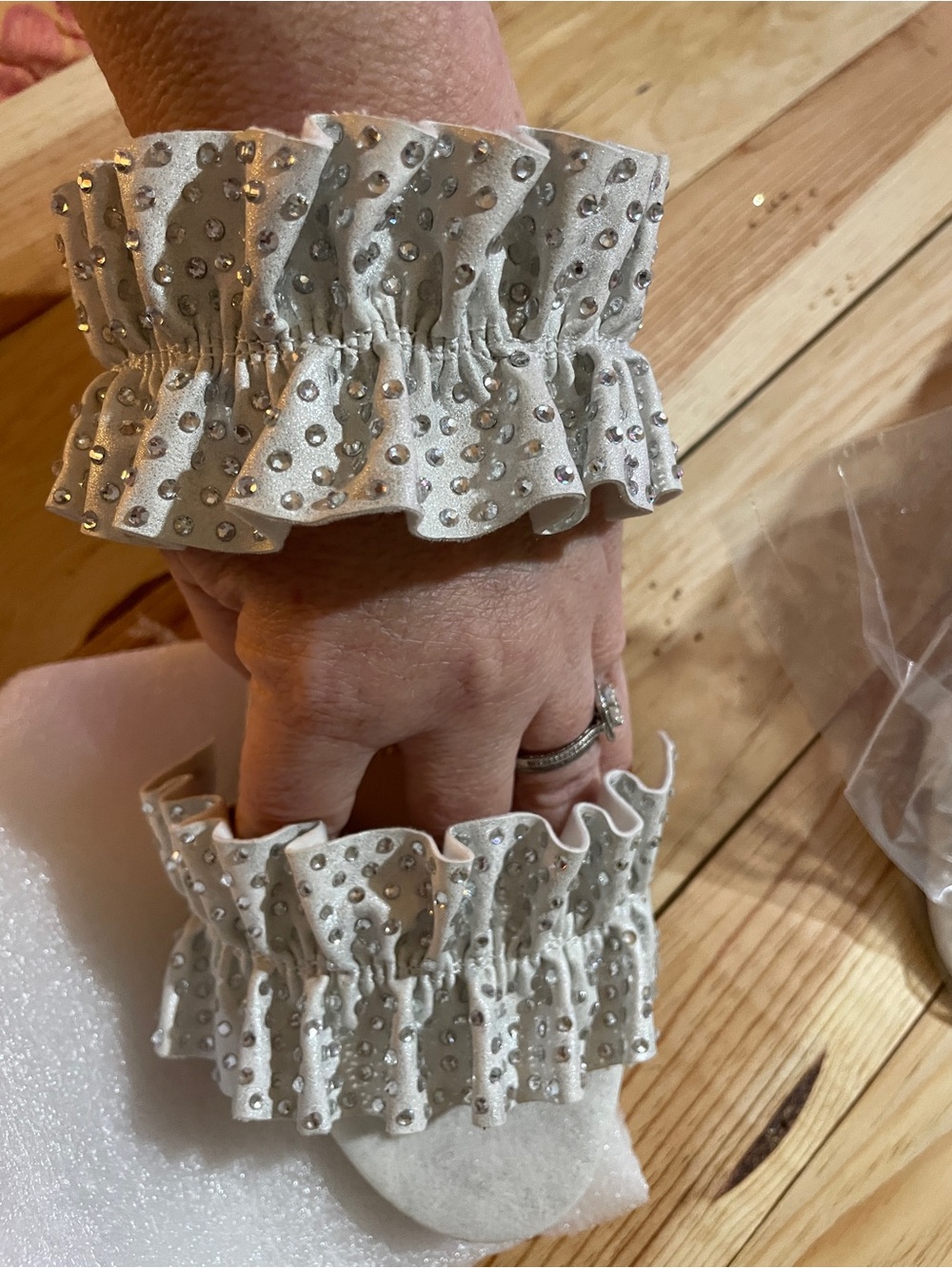 Ruffled Rhinestone Block Heel Slide - Ivory - Picture 10 of 12
